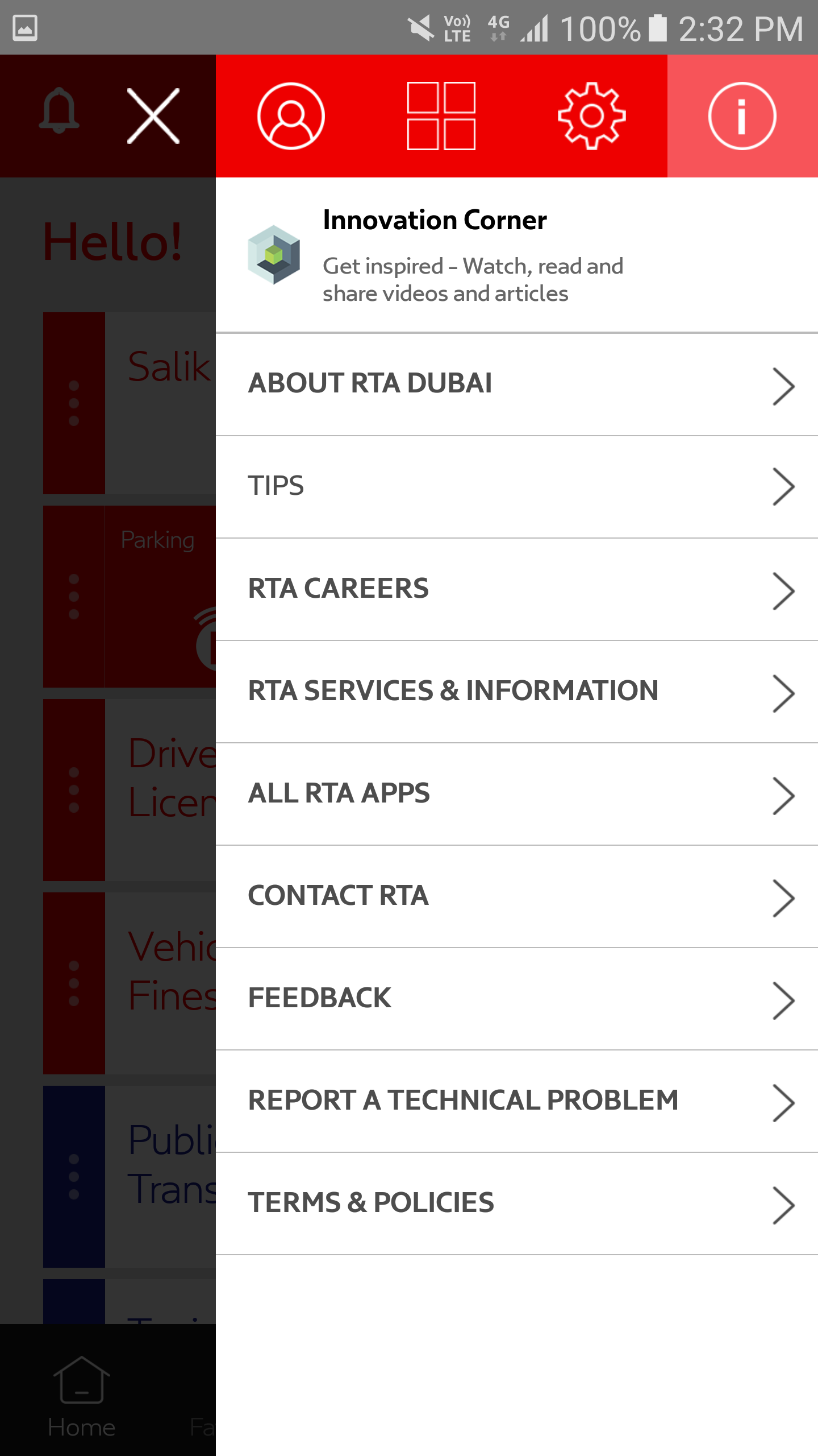 RTA Dubai App innovation corner screen